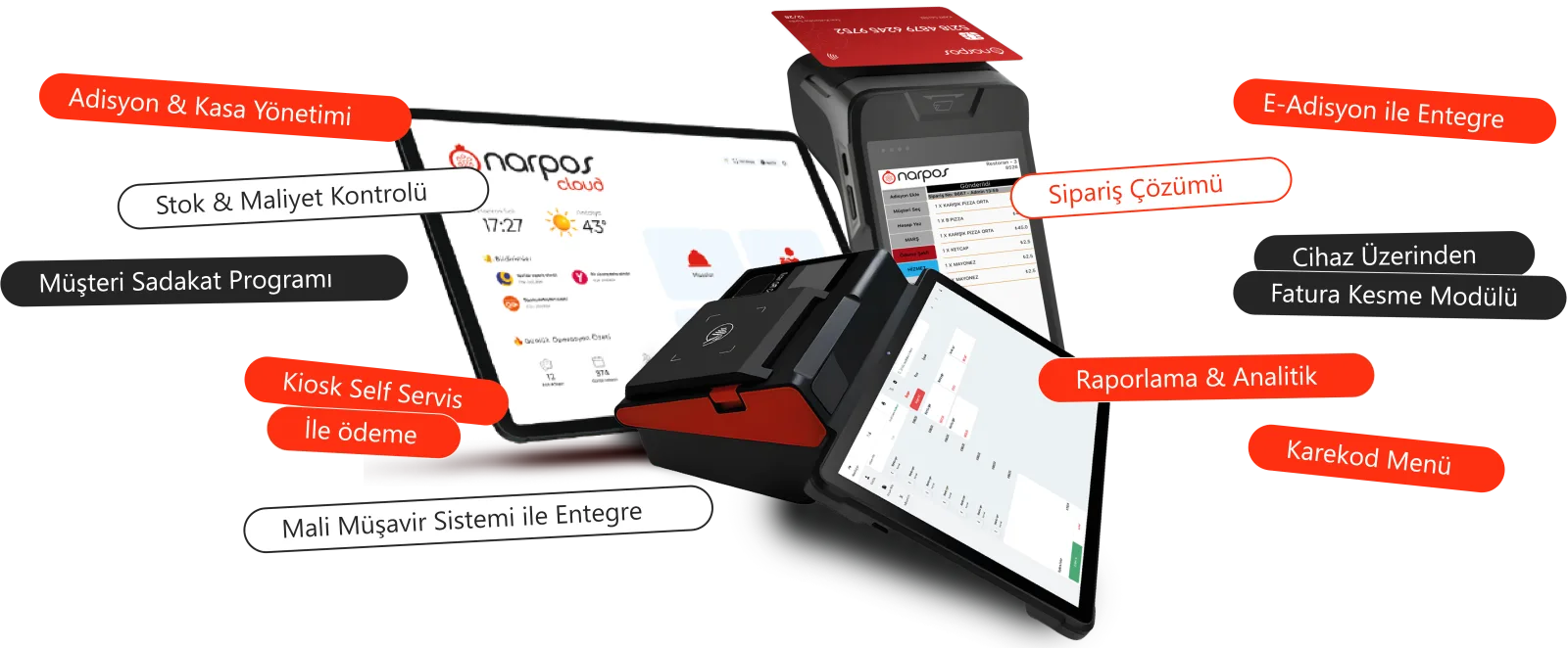 NarPos özellikleri: Adisyon & Kasa Yönetimi, Stok & Maliyet Kontrolü, Müşteri Sadakat Programı, Sipariş Çözümü, Raporlama & Analitik, E-Adisyon, Karekod Menü, Kiosk Self Servis